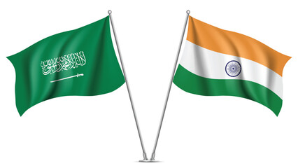 High Quality background with Two Standings Wavy Flags of Saudi Arabia and India