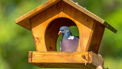 Pigeon sits inside a wooden birdhouse, surrounded by a green blurred background