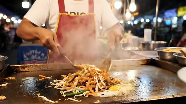 Chef cooking food on griddle outdoors at night with steam and lighting