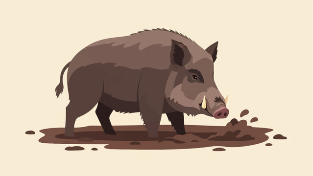 A brown boar stands in muddy earth, with dirt splashing around its snout