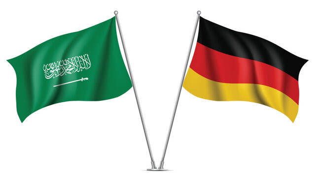 High Quality background with Two Standings Wavy Flags of Saudi Arabia and Germany