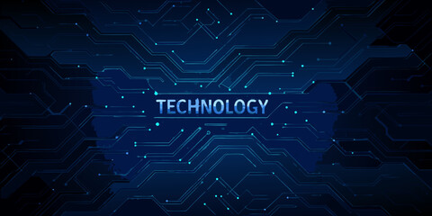 Abstract digital circuit board with glowing blue lines and the word technology