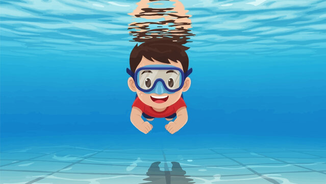 A cartoon boy happily swims underwater in a blue swimming pool wearing goggles