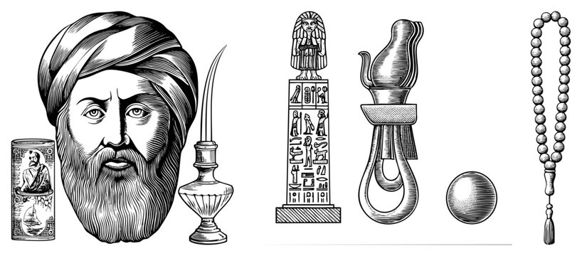 Historical Islamic Scholar with Religious Artifacts and Egyptian Symbols