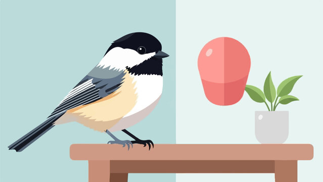 A chickadee perches on a brown table beside a pink orb and a potted plant