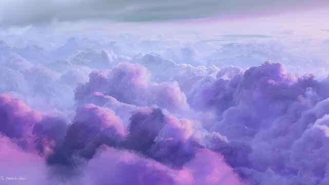 Dreamy lavender and violet clouds stretch across a soft, hazy sky