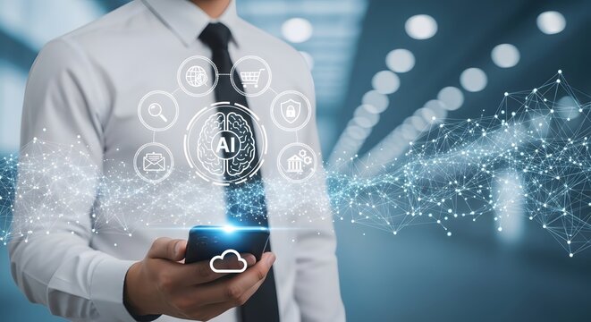 Businessman using ai technology on smartphone for data analysis and cloud computing network - Powered by Adobe