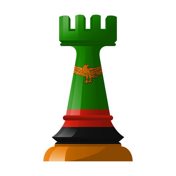 3D Chess Rook with ZAMBIA Flag Texture Isolated on Transparent Background
