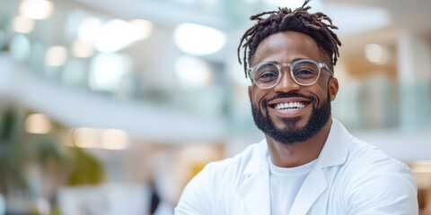 Naklejka premium Confident scientist smiling in laboratory during medical research