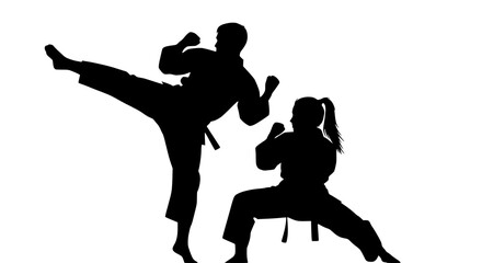 Fototapeta premium Black silhouettes of martial arts athletes practicing karate high kick and defense stance, design for sports club logos, martial arts event flyers and fitness training posters. Transparent PNG version