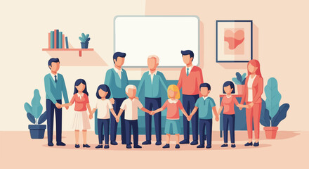 Obraz premium A diverse group of people holding hands in a warm, welcoming indoor setting