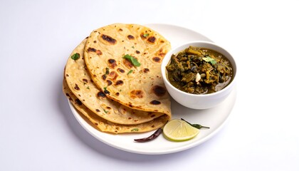 Indian meal with roti flatbread and a bowl of green vegetable curry, garnished with lime and chili on a white plate.