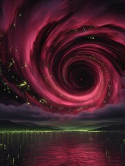 Crimson Vortex Over Water: A Surreal Landscape of Light and Reflection