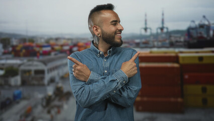 Fototapeta premium Man smiling with arms crossed, points finger to shipping containers at port; confidence ambition success.