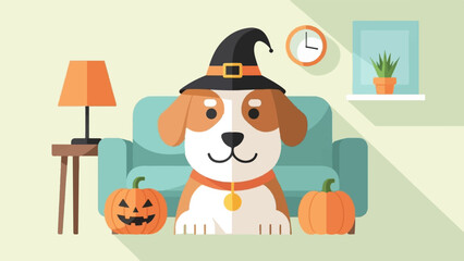 Fototapeta premium A dog in a witch hat sits in a living room with pumpkins