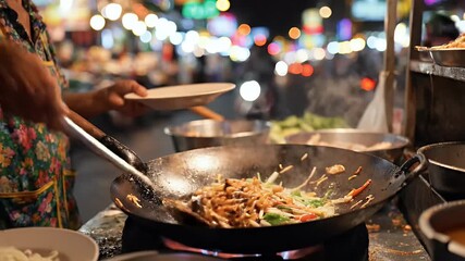 Cooking noodles in wok pan street food preparation close up shot