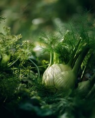 Fennel bulb in garden foliage, a fresh and organic harvest in nature