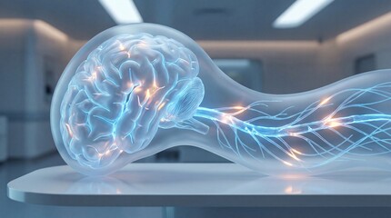 Glowing transparent human brain with neural network on medical table