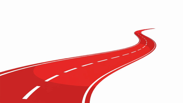 A curving red road with white dashed lines on a white background