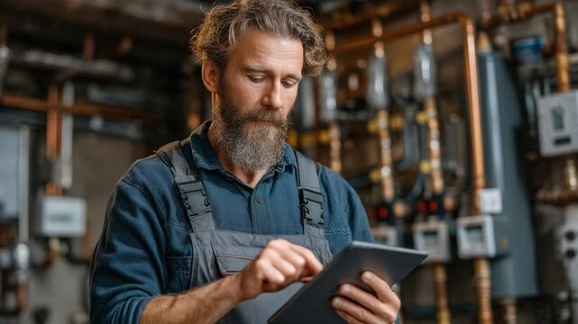 Engineer Inspecting Machinery with Tablet: A seasoned engineer meticulously inspects complex machinery, using a tablet to gather data and ensure optimal performance.
