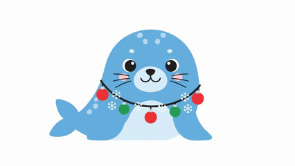 Obraz premium A cute, cartoon blue seal with a festive Christmas garland around its neck