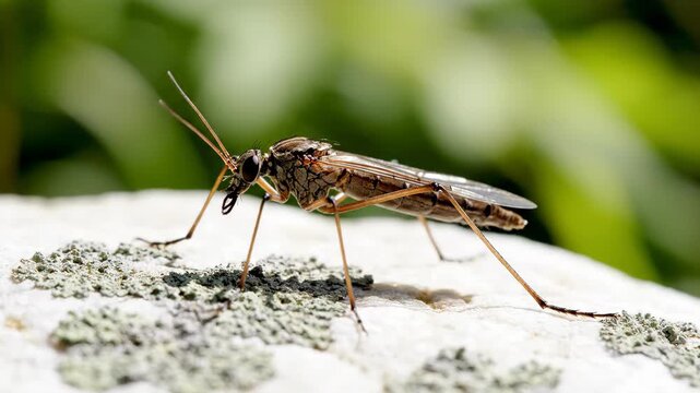 Detailed View of a Crane Fly Resting on Lichen-Covered Stone, Captured Under Natural Sunlight and