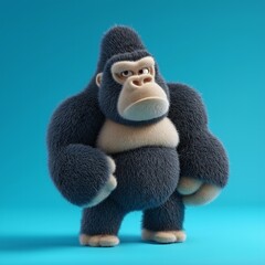Cartoon Gorilla Poses for Camera with Furry Texture and Solid Background