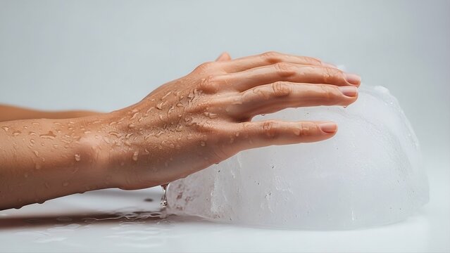 Close-up of Wet Hand Touching Large Ice Block for Cooling and Skin Therapy