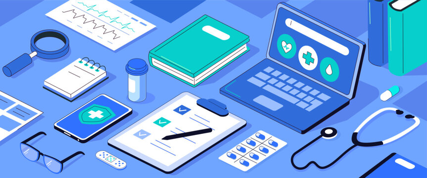 Banner showing doctors office workspace. Healthcare, technology and insurance medicine industry concept. Vector isometric background illustration.