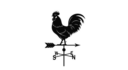 Traditional black silhouette weather vane featuring a rooster on top of an arrow indicating north, south, east, and west.