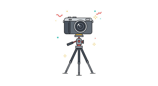 Professional digital camera mounted on a black and gray tripod with festive sparkles and confetti in the background.