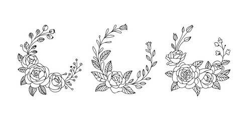 Detailed rose flower wreath collection in hand drawn line art style for decorative botanical layout