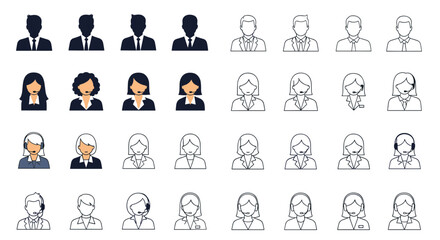Fototapeta premium Large icon set features various office worker and customer support avatars in both silhouette and line art styles for web design.