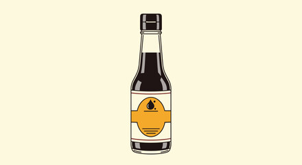 Glass bottle of dark soy sauce with a yellow and white label and a black screw cap isolated on a light beige background.
