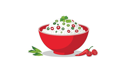 Bowl of fluffy white rice garnished with chopped red and green chilies and fresh parsley served in a bright red bowl.