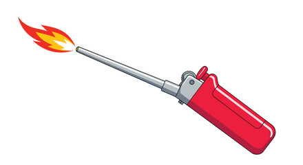 Long nozzle red gas lighter producing a yellow and orange flame for lighting candles or stoves on a white background.