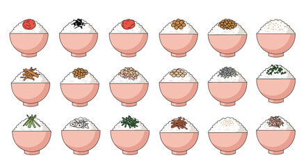 Large collection of eighteen Japanese rice bowls each topped with a different traditional ingredient like fish, vegetables, or seeds.