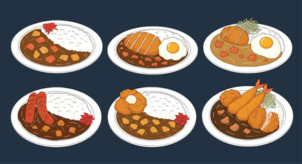 Assortment of six Japanese curry rice dishes with various toppings like tonkatsu, sausages, fried egg, and shrimp tempura.
