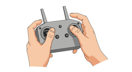 Close up view of a pair of hands operating a grey remote control device with dual joysticks and antennas for a drone.