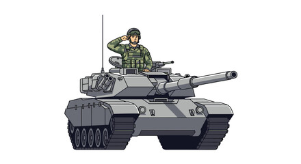 Camouflaged soldier standing in a hatch of a heavy military tank and performing a formal salute against a white background.