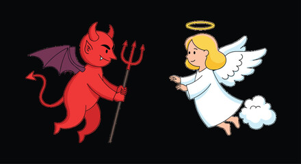 Comic illustration of a red devil with a pitchfork and a blonde angel with a halo and wings facing each other on black.