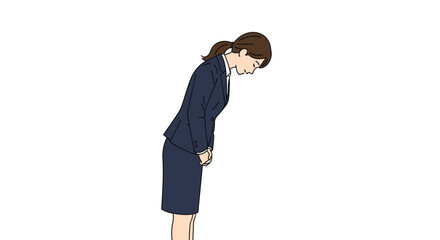 Side view of a Japanese business woman in a dark formal suit performing a respectful polite bow against a white background.