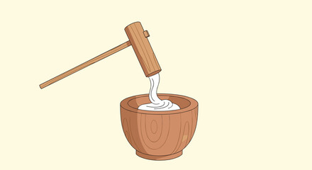 Traditional Japanese wooden mortar and pestle used for pounding rice to make mochi with a white dough inside for a ceremony.