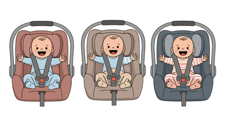 Illustration of three happy babies of different ethnicities sitting safely in their respective car seats on a white background.