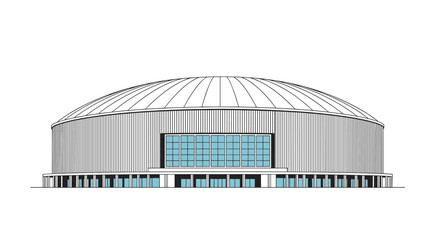 Large domed stadium or indoor arena architectural illustration features a grand entrance and symmetrical structural design.