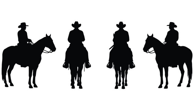 Four cowboys riding horses in a row against a white background