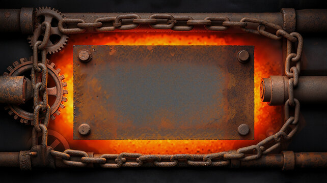 industrial background featuring a thick border of weathered cast iron cogs, roller chains, and rusted steel pipes with a glowing corroded metal center plate