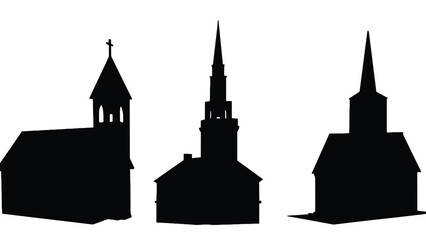 Obraz premium Three black silhouettes of churches with steeples against a white background