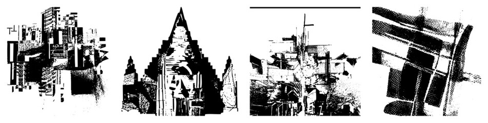 Abstract Geometric Cityscape Silhouettes in Halftone Vector Style