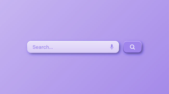 Colorful 3d search bar template. Internet browser engine with search box, address bar and text field. UI design, website interface element with web icons and push button. Vector illustration